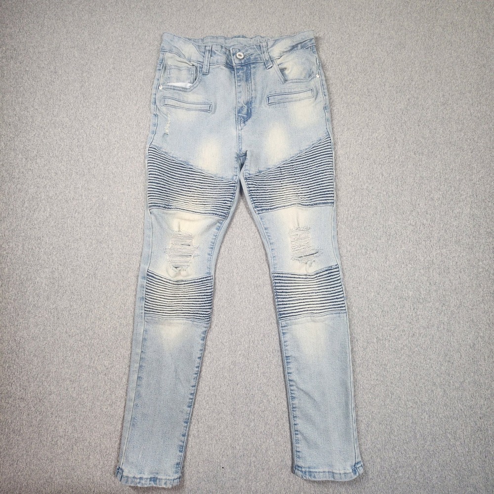 Unbranded Biker Moto Jeans Mens 28 Light Blue Good Distressed Ribbed Skinny Posh